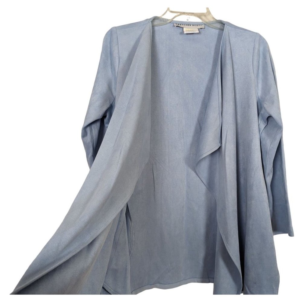 Gretchen Scott long‎ sleeve blue faux suede waterfall open cardigan S - Picture 2 of 7